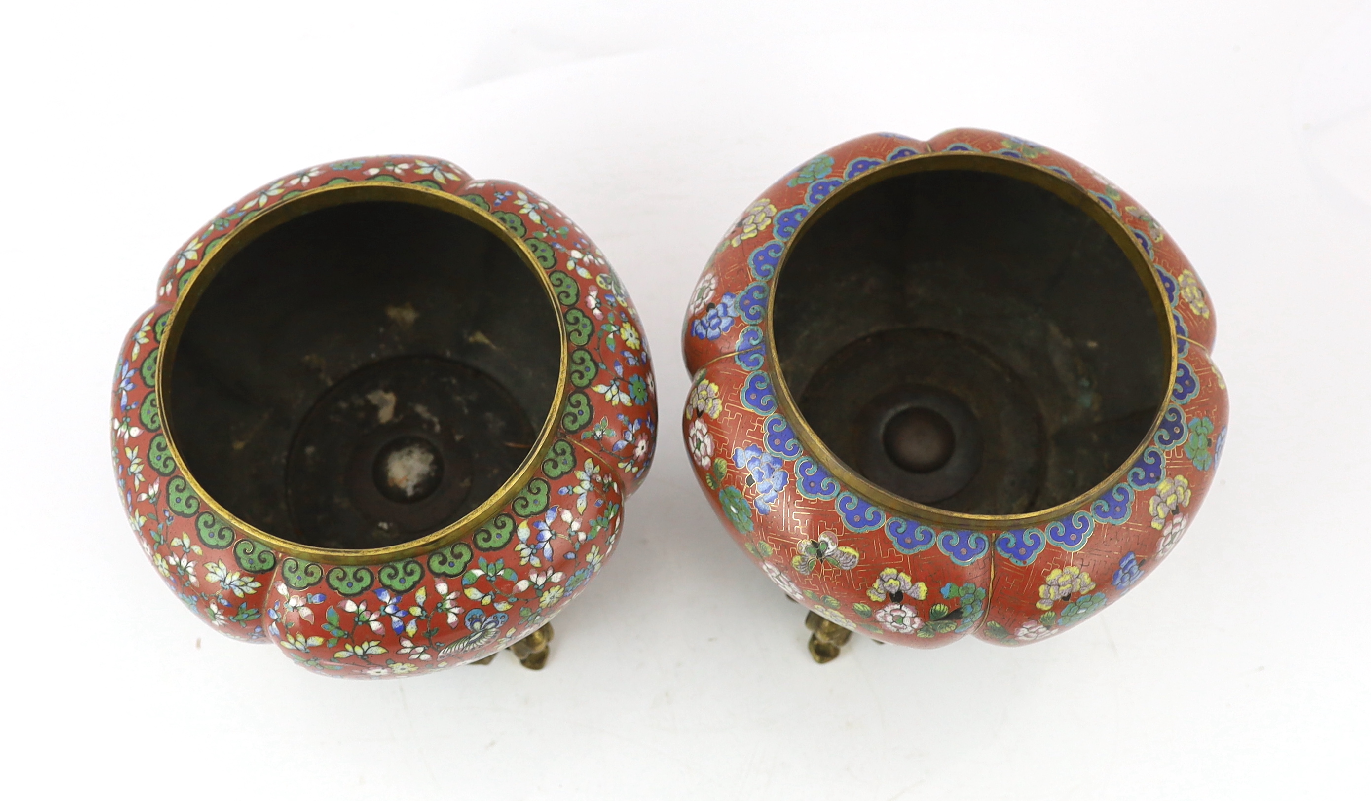 A near pair of Chinese cloisonné enamel and gilt bronze jardinieres, 19th century